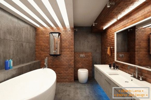 Ploščica za opeko in beton za kopalnico v slogu podstrešja - fotografija