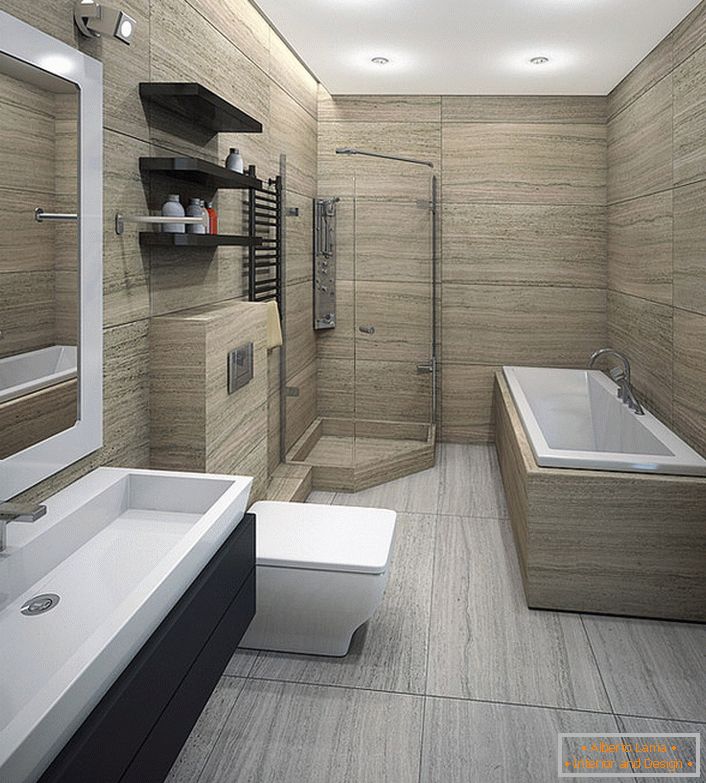 Prostorna minimalistična kopalnica je primerna za ljubitelje tuša, in za tiste, ki raje kopanje.
