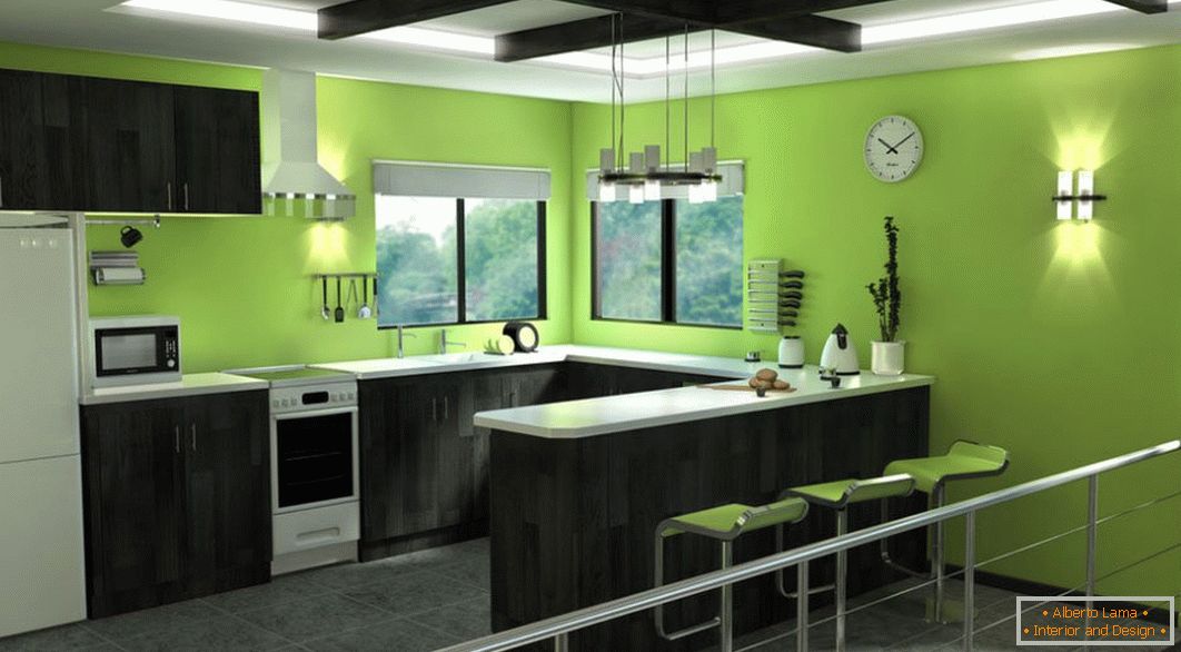 Zelena kuhinja s črnim pohištvom