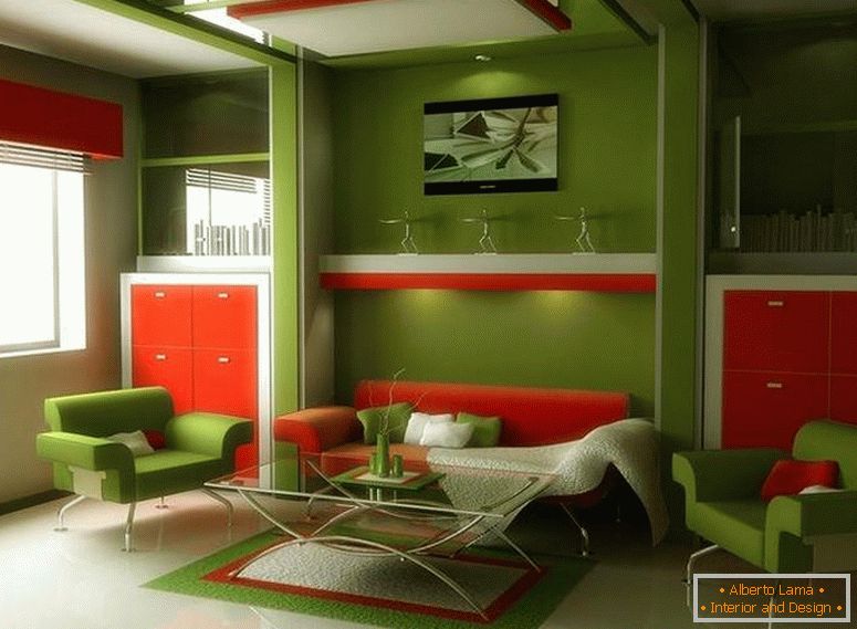 Zelena notranjost z oranžno pohištvo