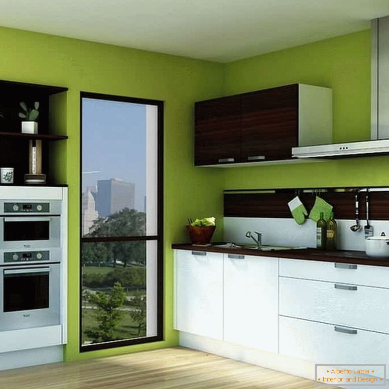 Svetlo zelena barva sten in bela kuhinja