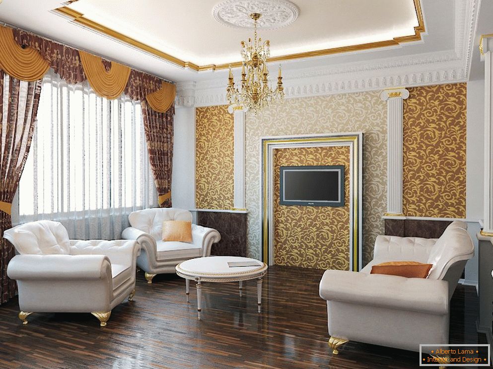 Odtenki zlata in bele barve v notranjosti dnevne sobe