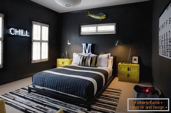 Črna tapeta za spalnico v sodobnem slogu