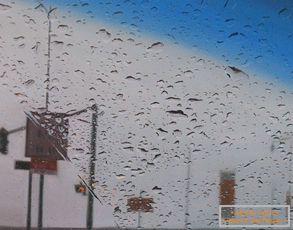 Pogled iz avtomobila v dežju, oljno sliko