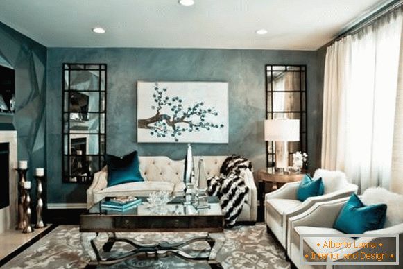Chic design dnevna soba z belo pohištvo - fotografija z modro