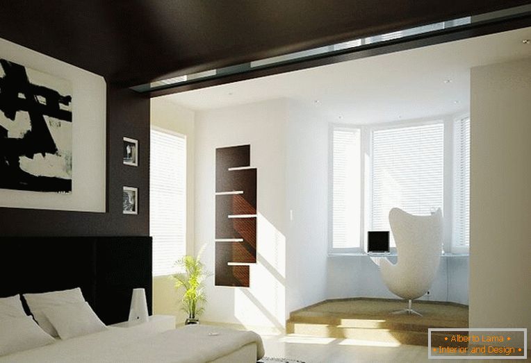 Udobna spalnica s črnim stropom in stenami