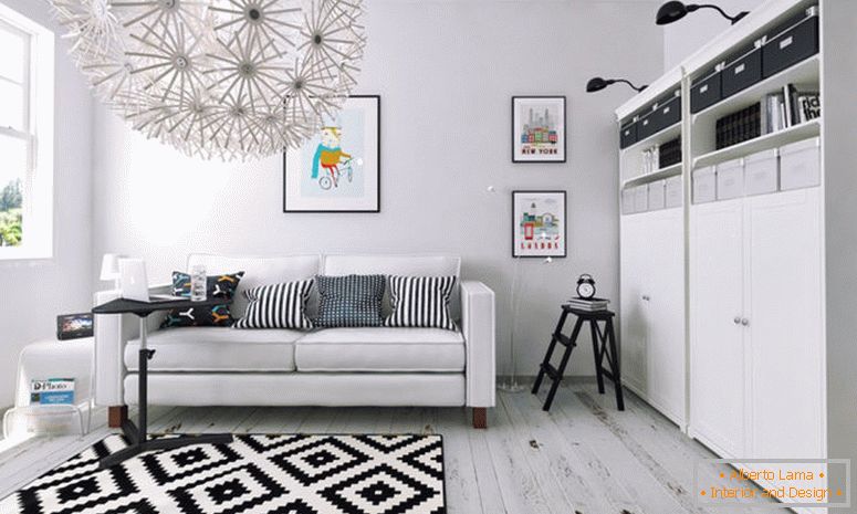 Črno-bela dnevna soba - 55 fotografij nenavadnih rešitev za