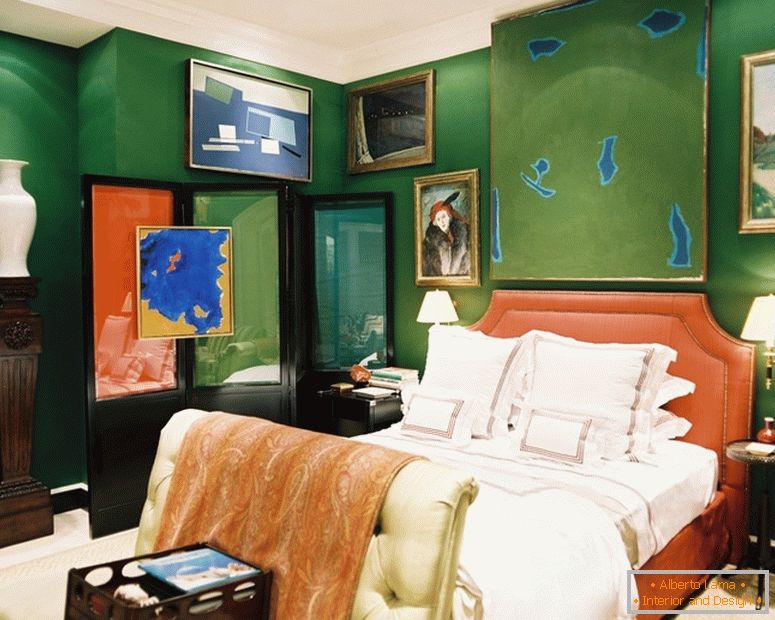 Notranja zasnova spalnice v zelenih barvah
