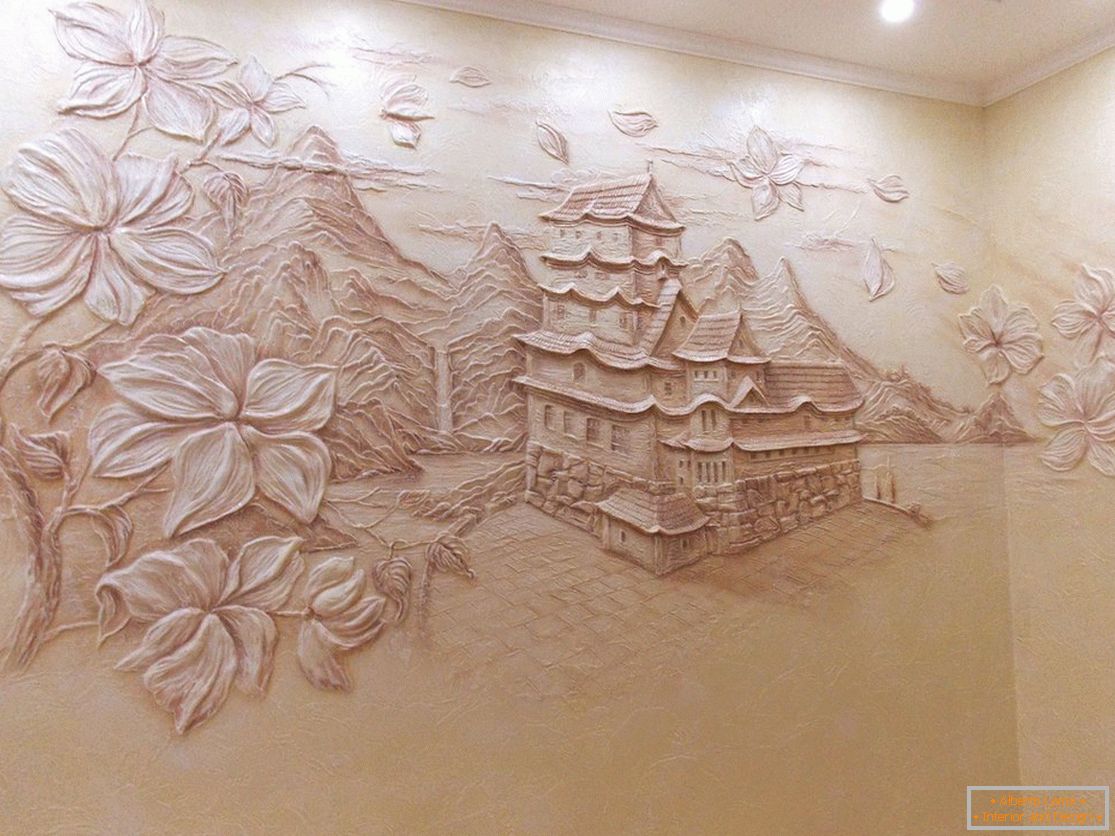 Volumetrična risba s hišo in drevesi iz dekorativnega ometa