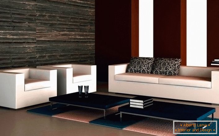 Projektni projekt dnevne sobe v visokotehnološkem slogu. Likonski kavč z dvema naslanjačema se harmonično prikaže v minimalističnem slogu. 