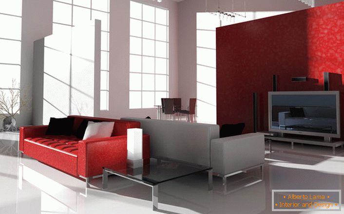 Pretisna barva v visokotehnološkem slogu je zanimiva in zahtevna. Svetlo rdeč kavč na kromovih nogah je idealno za okrasitev sodobne notranjosti.