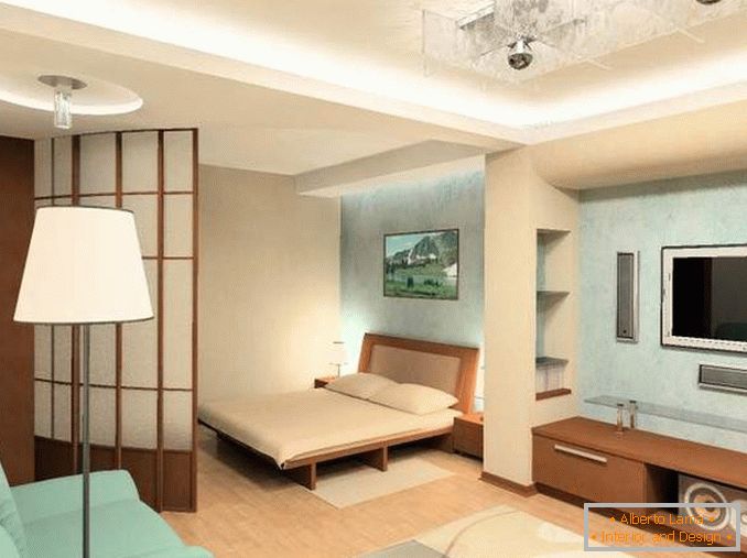 Oblikovanje 1-sobnega stanovanja v Hruščovu - fotografija sobe s posteljo