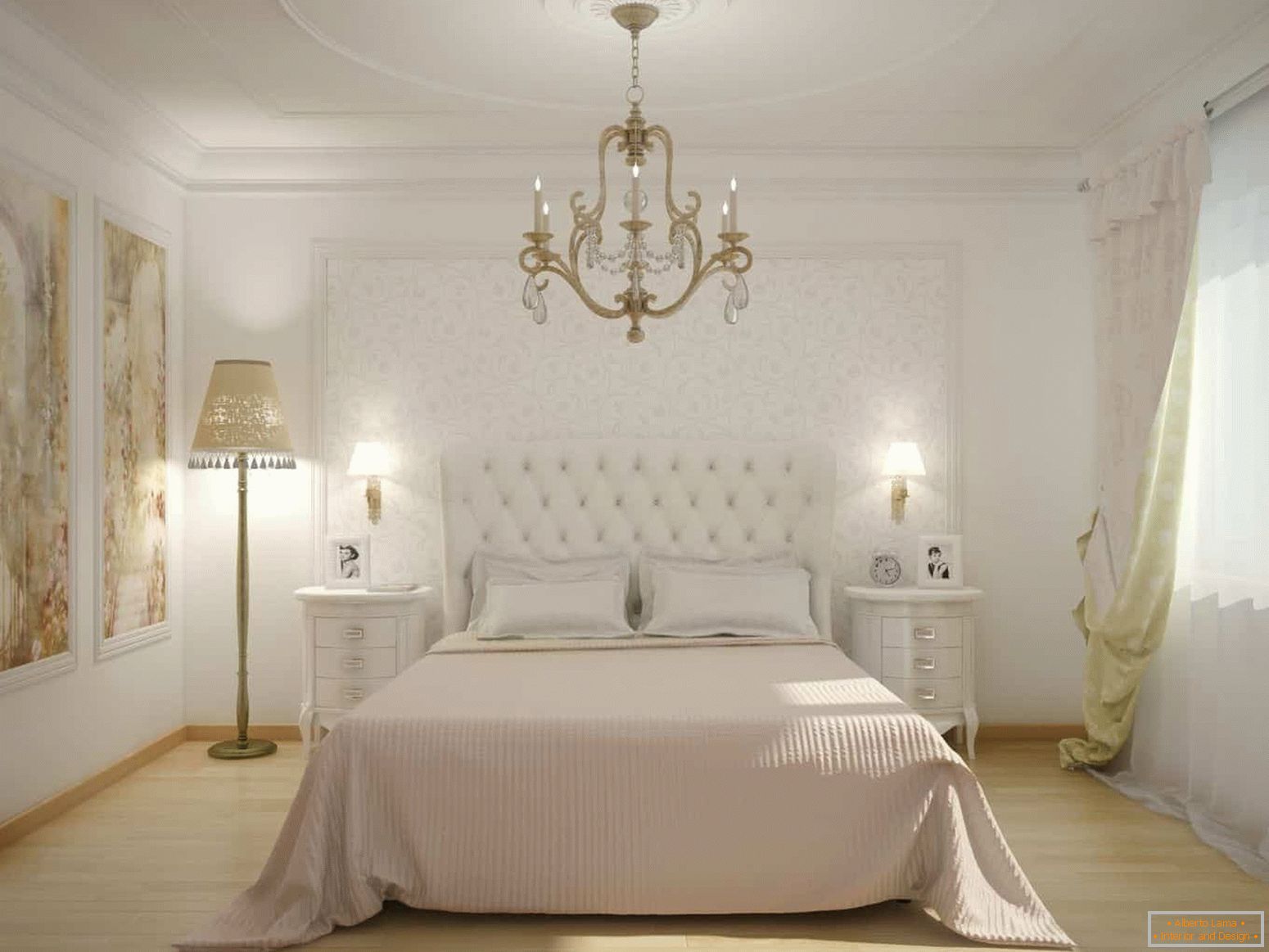 Klasična bela spalnica s ploščo na steni