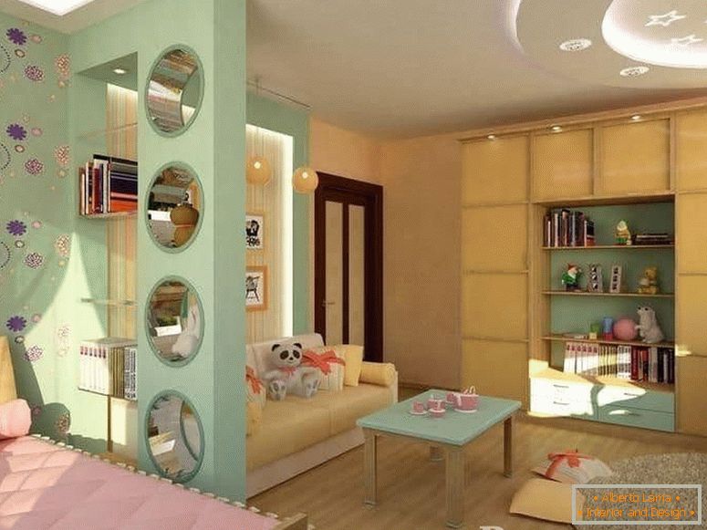 Otroška soba in dnevna soba v eni sobi sta ločeni s pregrado iz mavčnih plošč