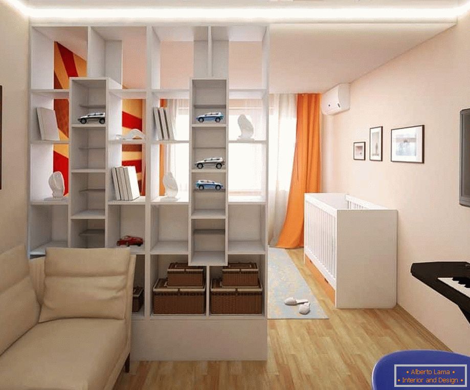 Pregrada prostora na dva dela otroške sobe in police za dnevne sobe