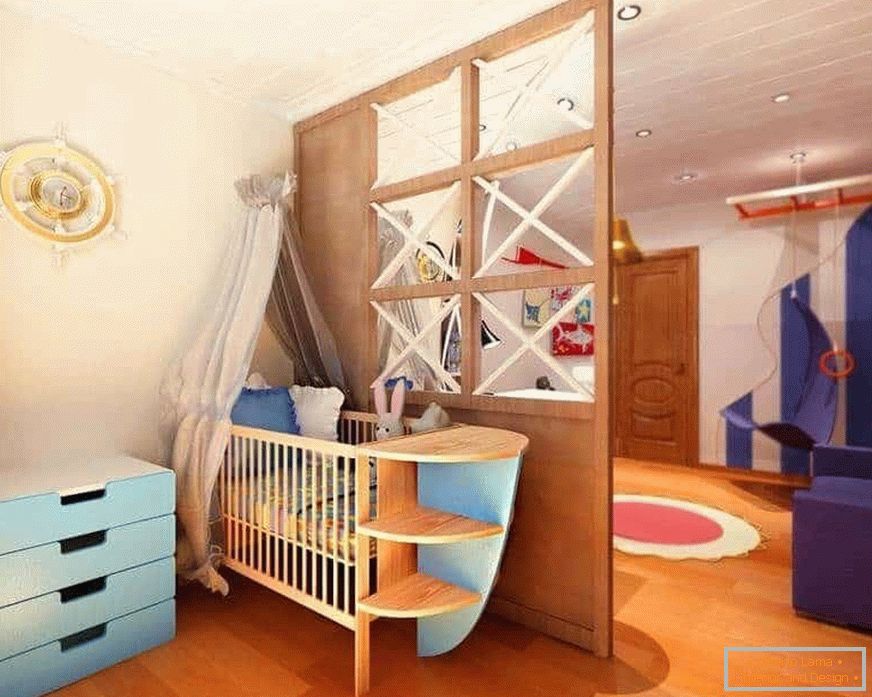 Lesena pregrada v eni sobi v dnevni sobi in otroški sobi
