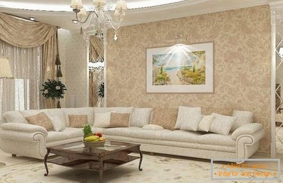 Klasična zasnova dnevne sobe v zasebni hiši v beli in bež barvi