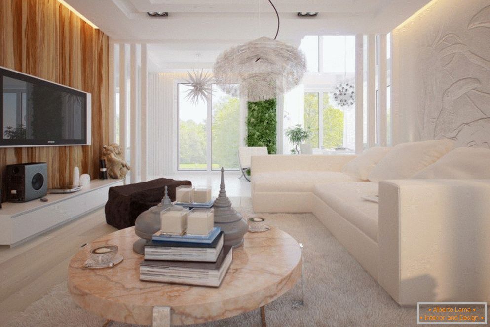 Svetle barve v notranjosti dnevne sobe v slogu minimalizma