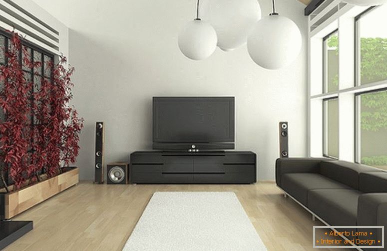 Temno pohištvo v dnevni sobi v minimalističnem slogu