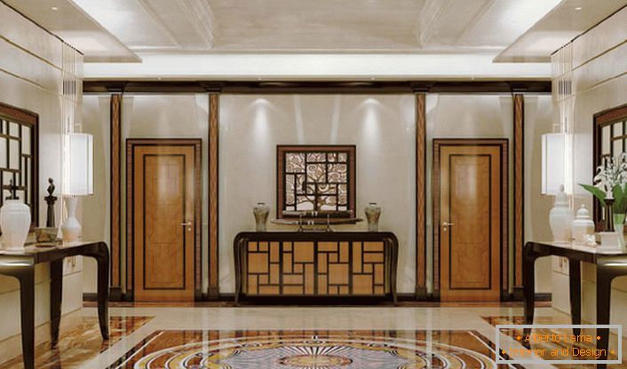 Luksuzna dekoracija dvorane v slogu art deco z notami klasike. Elegantna, rafinirana notranjost brez presežka dekorativnih detajlov izgleda drago in zahtevna.