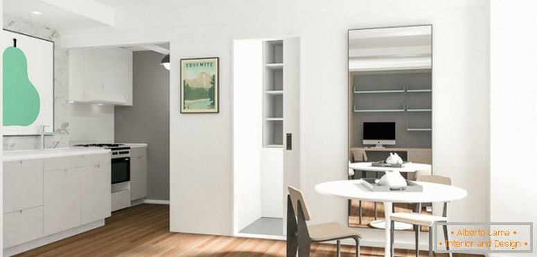 Notranjost majhnega apartmaja v beli barvi