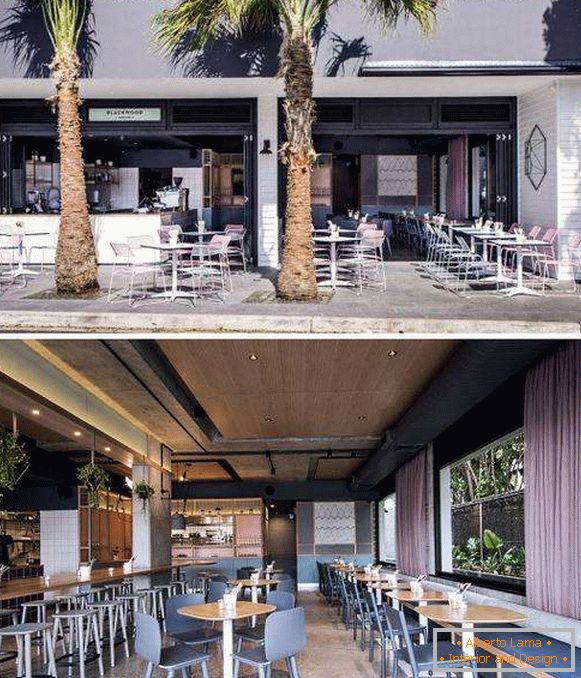 Moderno oblikovanje kavarne v slogu podstrešja in pastelnih barv