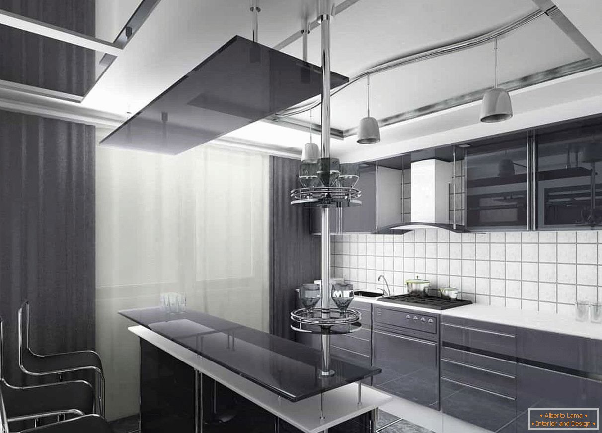 Temne zavese in temna fasada kuhinje v kombinaciji z belim predpasnikom in stropom