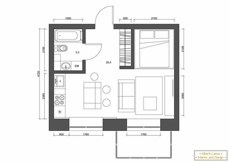 Postavitev apartmaja 30 kvadratnih metrov. m črno-belo