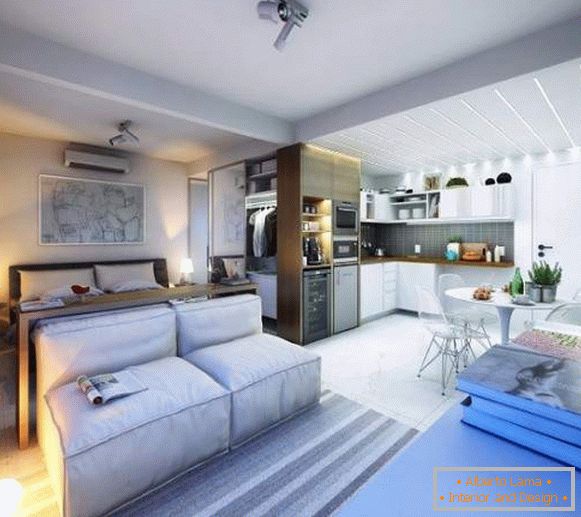 Ideje za oblikovanje studio apartmajev 30 m2 - fotografija dnevne sobe, spalnice in kuhinje