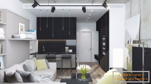 Eleganten dizajn studio apartma 30 kvadratnih metrov v slogu podstrešja