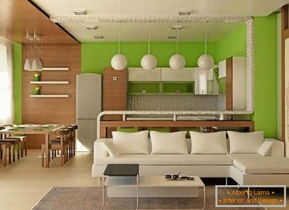 Projektni projekt studio apartmaja 25 m2 v belih, zelenih in rjavih tonih