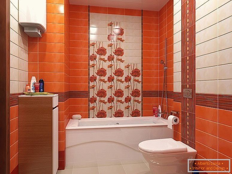 Oranžne ploščice v notranjosti majhne kopalnice