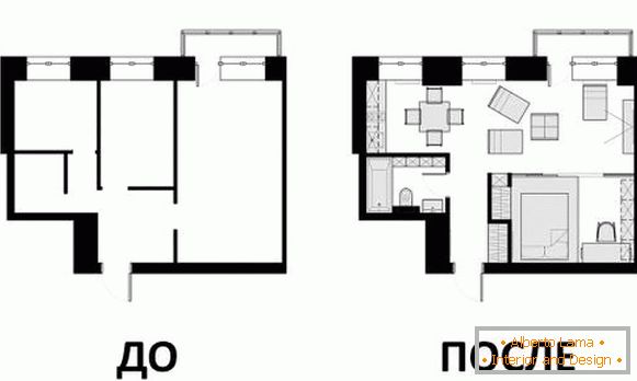 Zasnova apartmaja 40 m2 - risanje pred in po njem