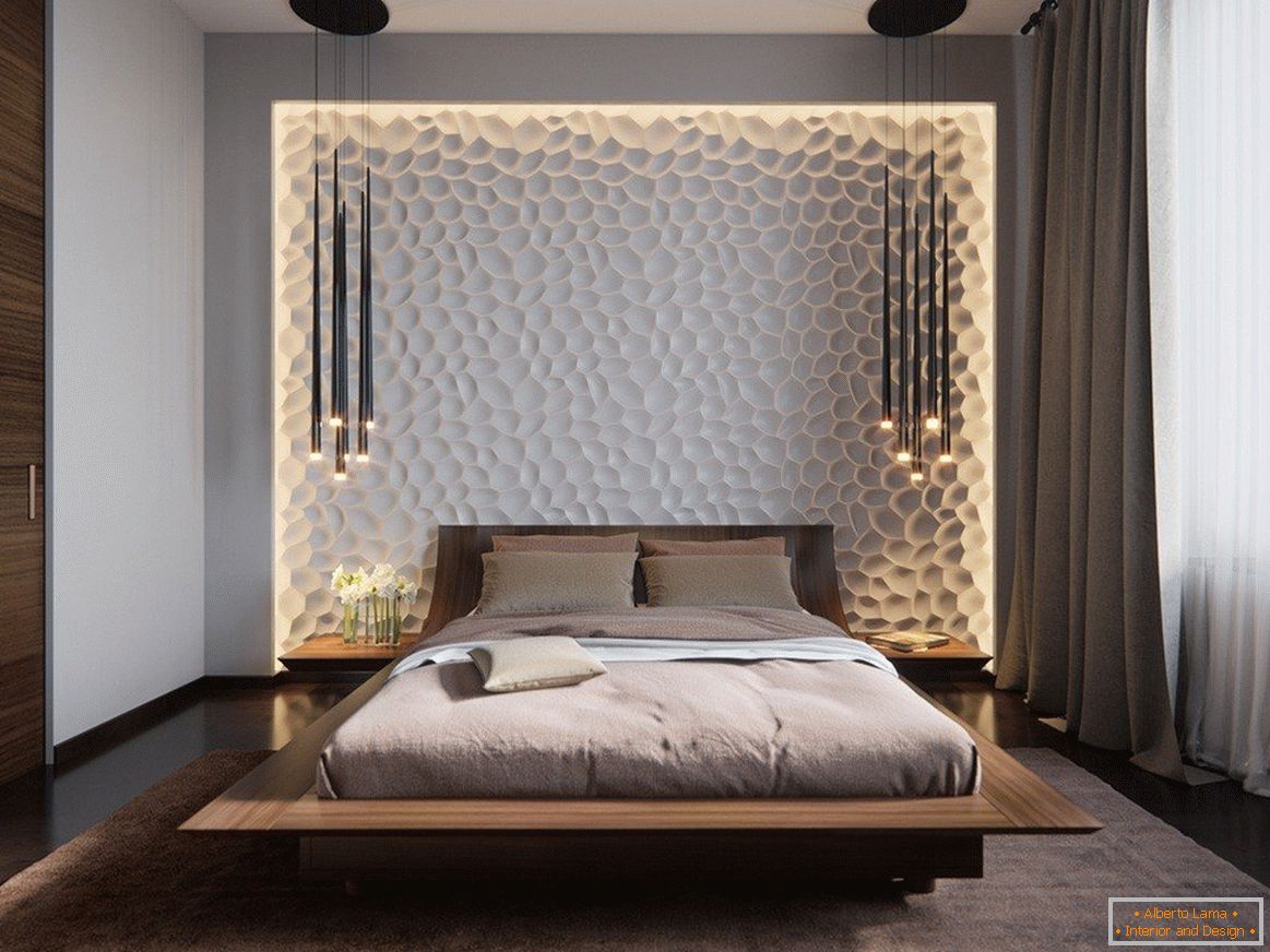 3D paneli na steni spalnice z osvetlitvijo