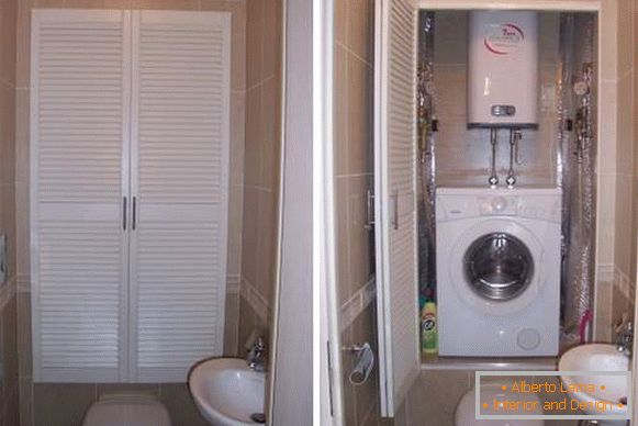 Dizajn stranišča s pralnim strojem - kabinetna slika nad straniščem