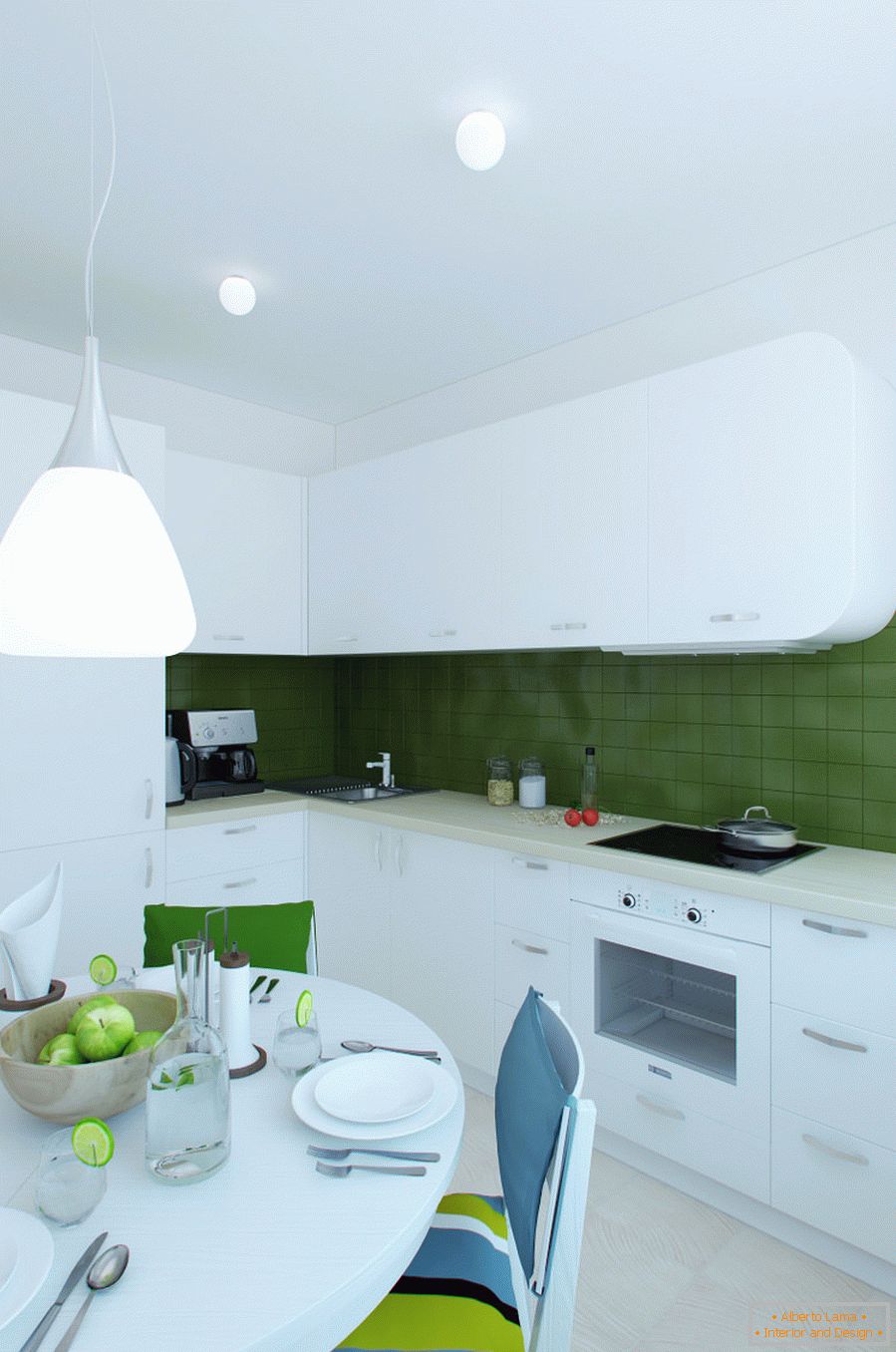 Notranjost kuhinje v beli in zeleni barvi
