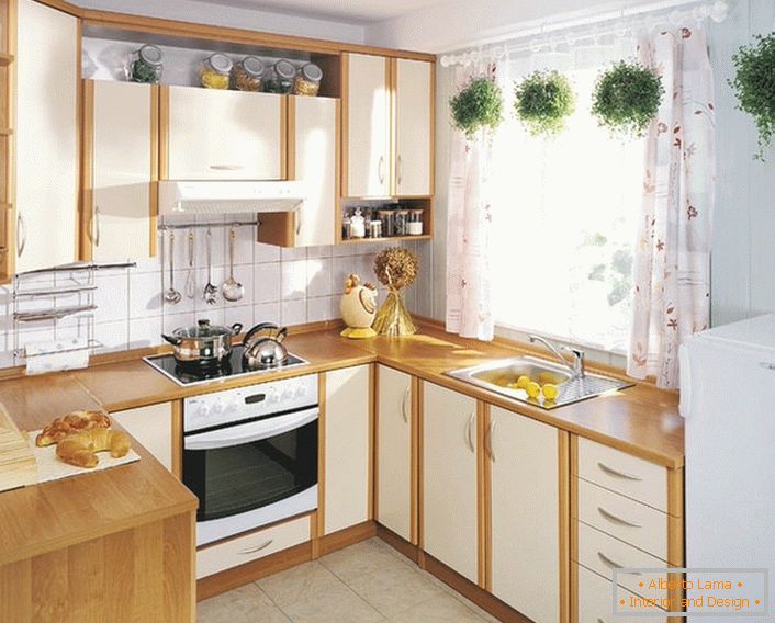 Skromna kuhinja na 12 kvadratkih življenjskega prostora. Če želite prihraniti prostor pod delovno površino, uporabite okenski okvir.