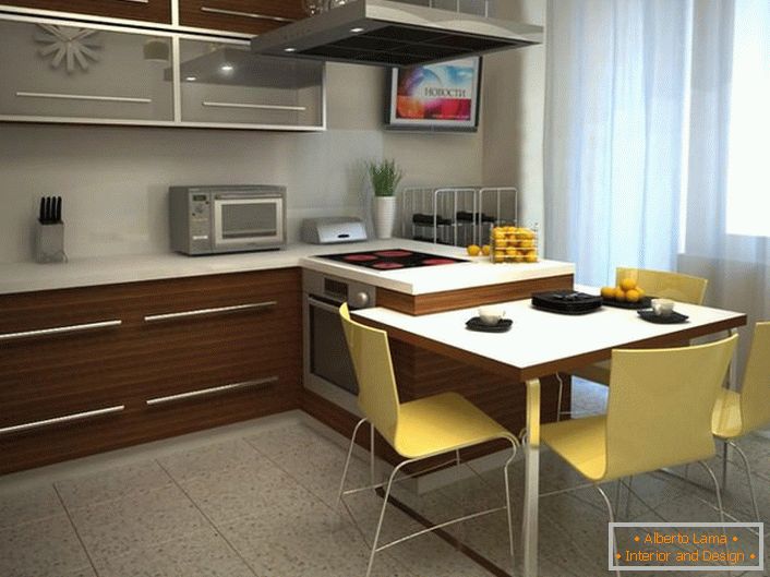 Projektni projekt za kuhinjo površine 12 kvadratnih metrov. Pravilno izbrana različica pohištva omogoča prihranek uporabnega prostora.