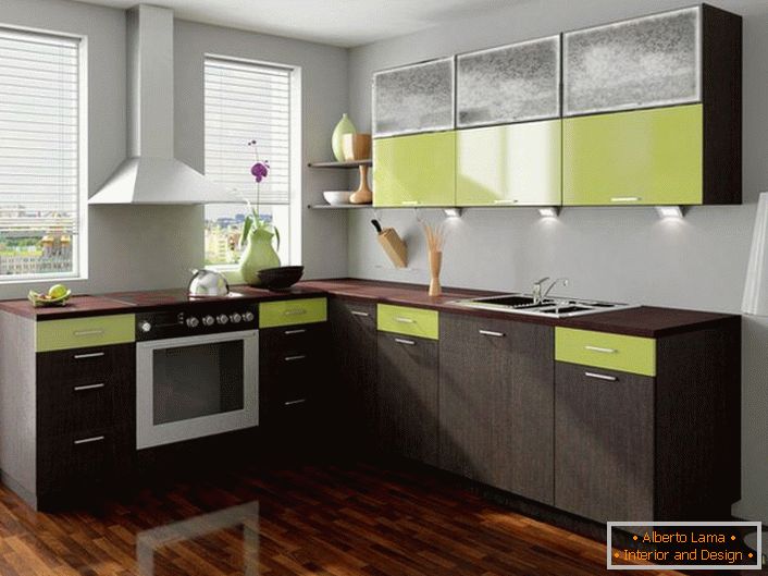 Barva wenge je uspešno kombinirana z bledo zeleno barvo. Ta barvna harmonija je primerna za dekoriranje kuhinje.