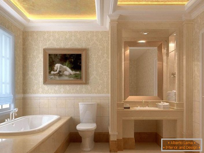 Obloga štukature je harmoničen element v notranjosti v slogu Art Nouveau. Dvostopenjski stropi so opremljeni s pravilno osvetlitvijo. LED trak, ki izdaja toplo, rumeno svetlobo, naredi vzdušje v kopalnici romantično.