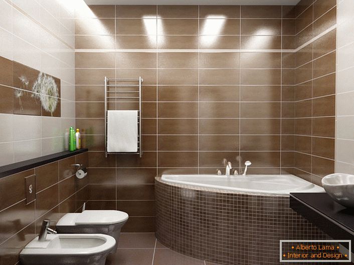 Za dekor kopalnice v sodobnem slogu je bila uporabljena plošča z regratom. Enostaven in preprost notranjost v sodobnem slogu. 