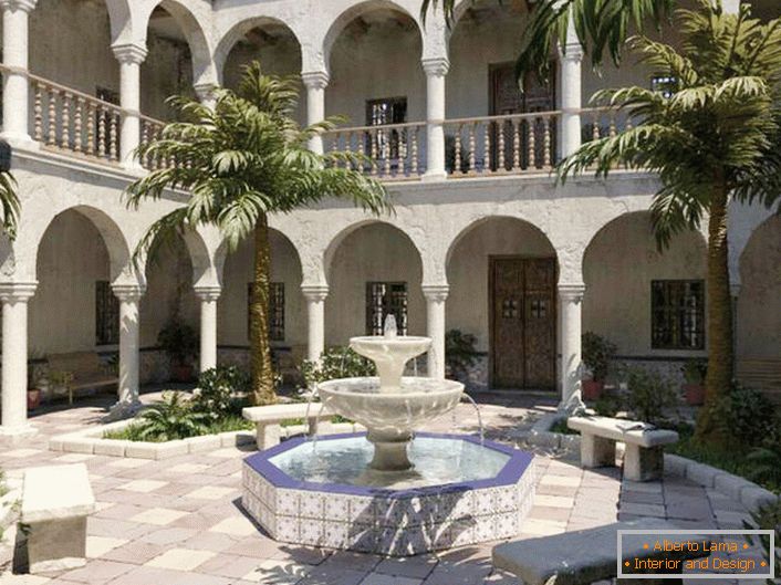 Najboljša dekoracija za dvorišče v sredozemskem slogu je vodnjak. Eleganten večtirni vodnjak majhnih dimenzij v rekreacijskem prostoru.