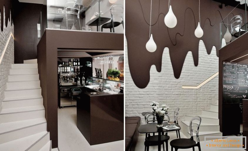 Notranjost kavarna s čokoladnimi stenami s pikami