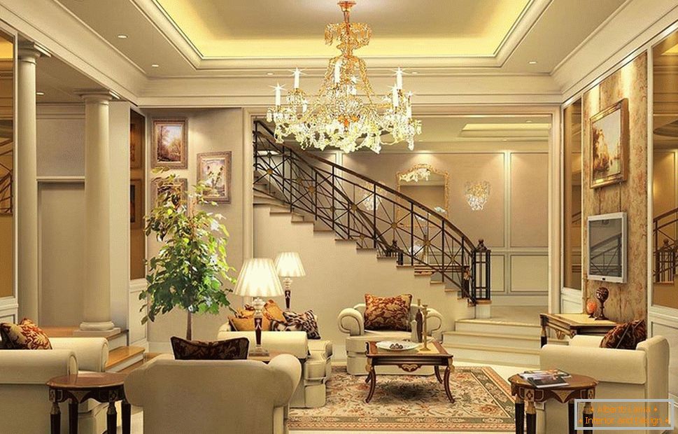 Dnevna soba v klasičnem slogu s stopnicami