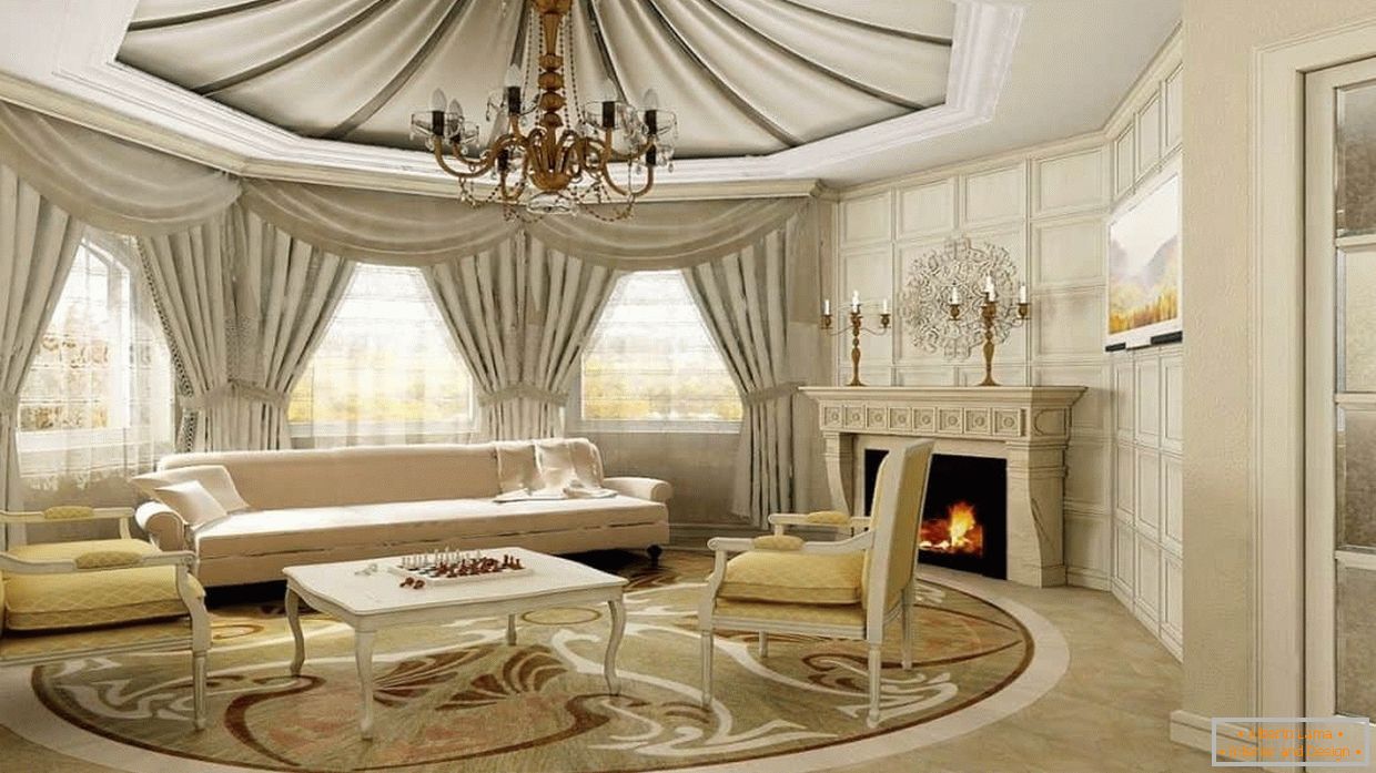 Zasnova dnevne sobe s tkaninami v klasičnem slogu