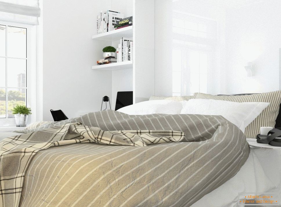 Notranja oblika spalnice v slogu belega minimalizma