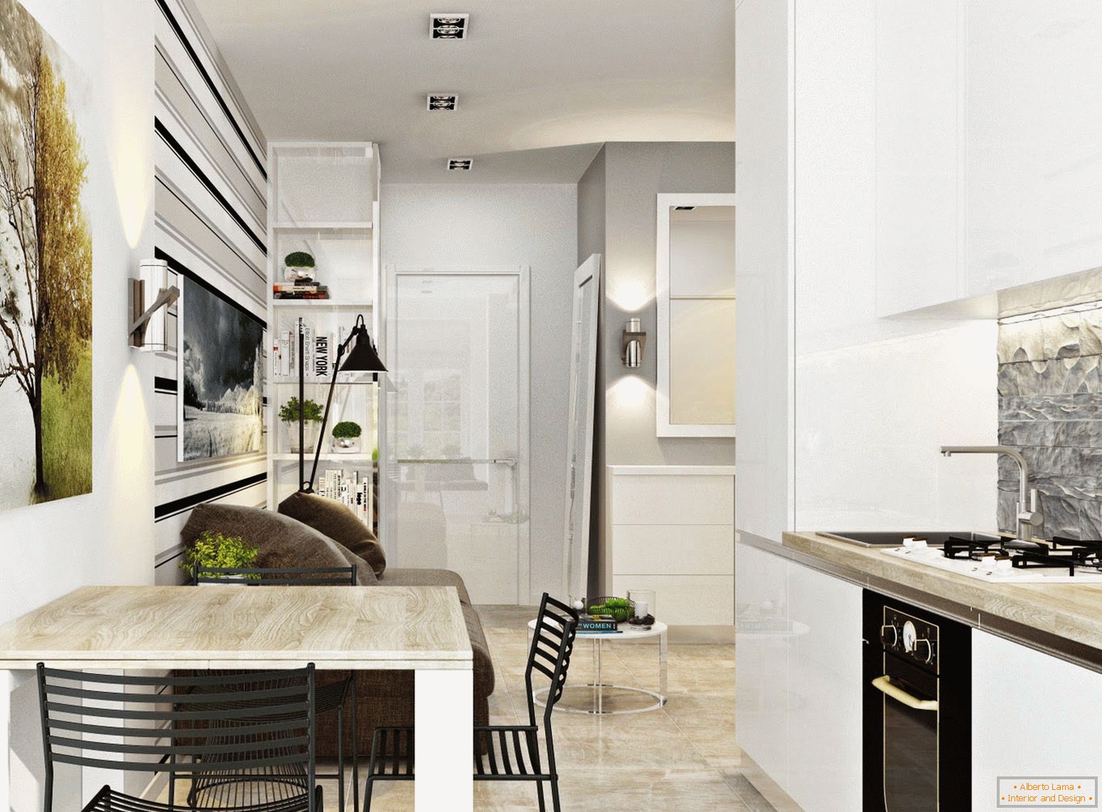 Notranjost kuhinje in jedilnice v slogu belega minimalizma
