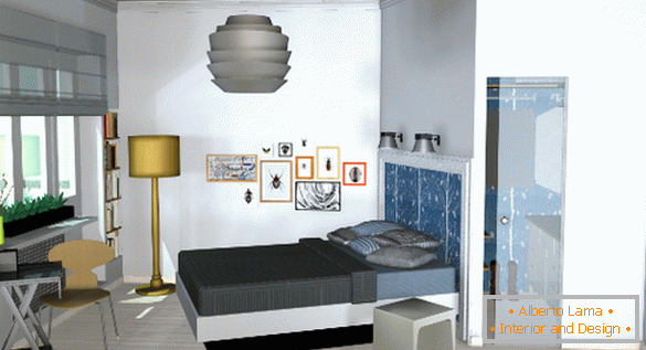 Notranjost majhnega apartmaja: spalnica z garderobo