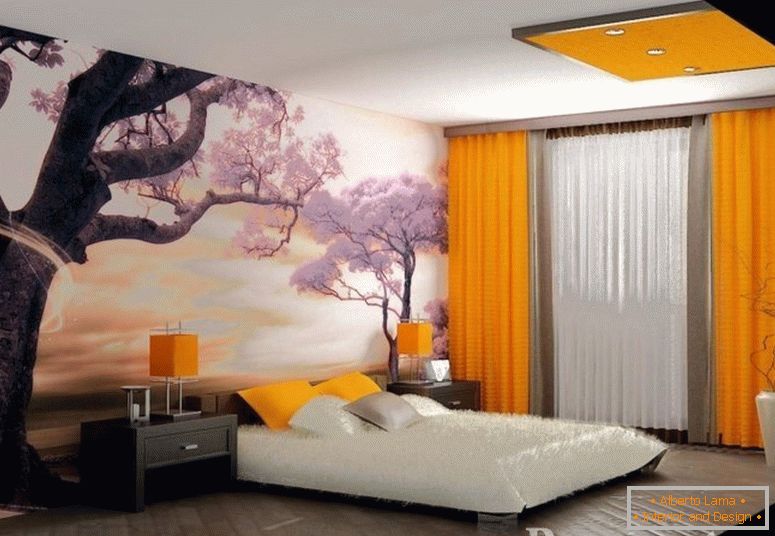 Foto ozadja s sakuro in oranžne zavese v spalnici