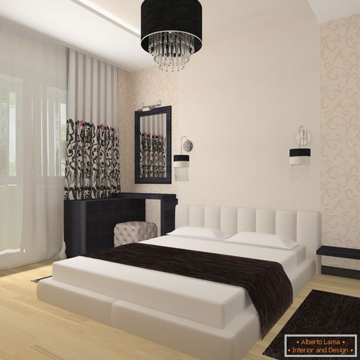 Odličen primer dejstva, da dizajn spalnice v slogu Art Nouveau ne bi smel biti okoren in preobremenjen z majhnimi stvarmi. Prostorna soba z najmanjšim številom dekorativnih elementov je vredna popolne oblike.